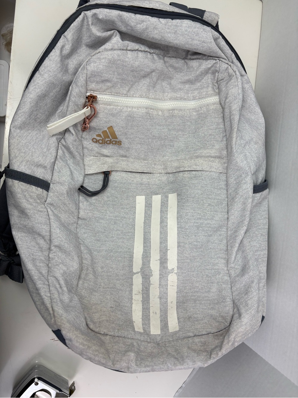 adidas Light Gray Backpack with White Stripe Accents